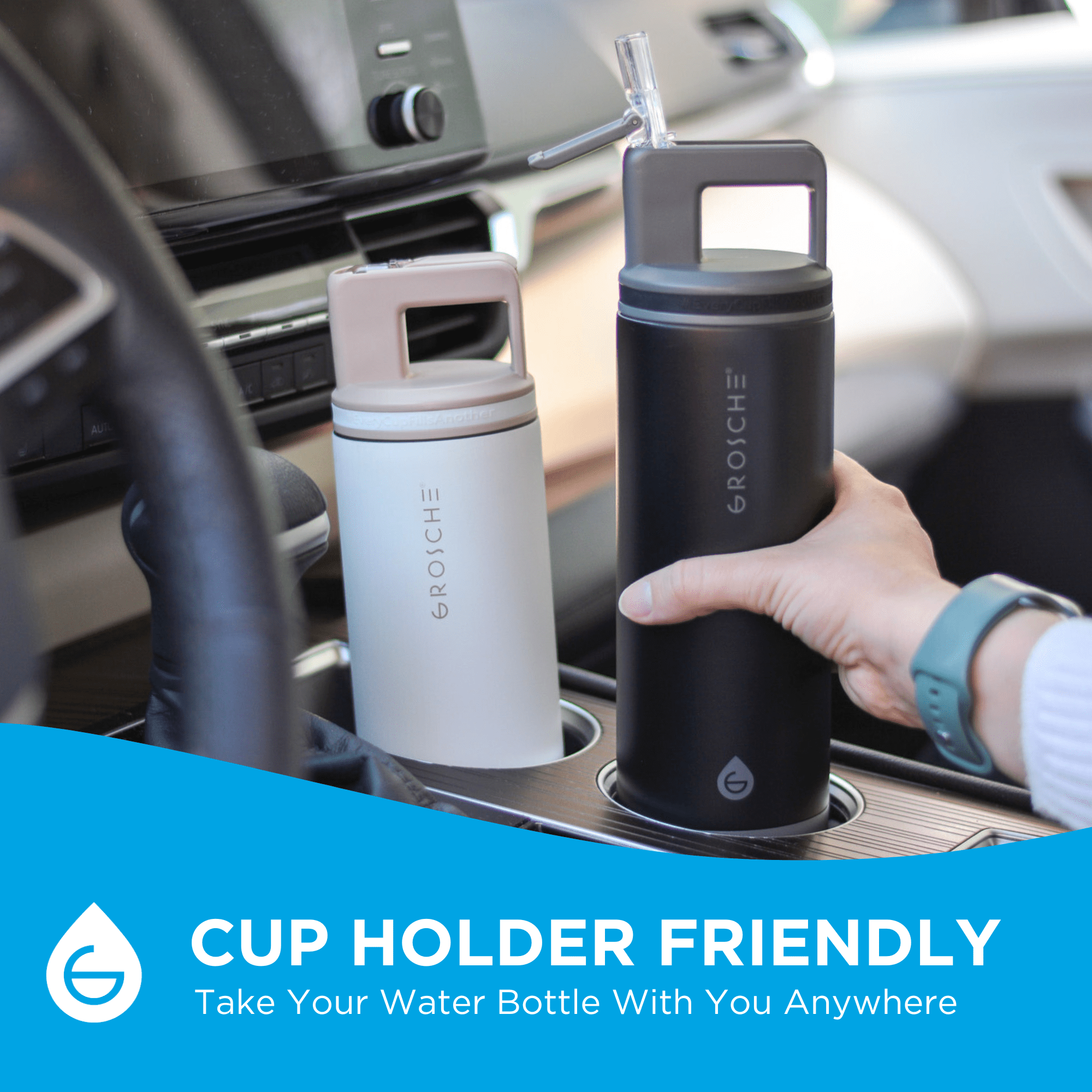 GROSCHE ALPINE Flip 'N Sip Insulated Water Bottle, Leakproof Water Bottle with Straw, 20oz, Black & White (Pack of 2)
