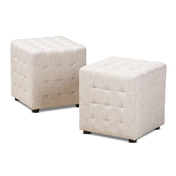 Bowery Hill Upholstered Wood Cube Ottoman in Beige - Set of 2