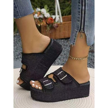 

HOLXI 2024 Elevate Your Style & Comfort This Summer: Chic Denim Platform Sandals with Open Toe Design Strappy Back and Slip on Ease