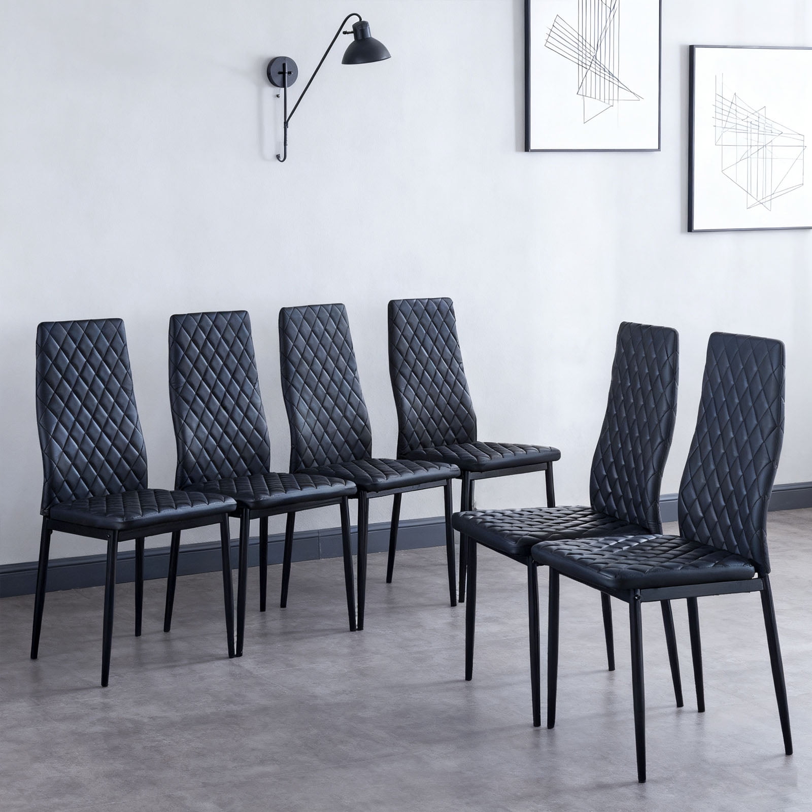 Noble House Modern Dining Chair Set of 6, Fireproof Leather Upholstery with Diamond Grid Pattern and Metal Frame,Black