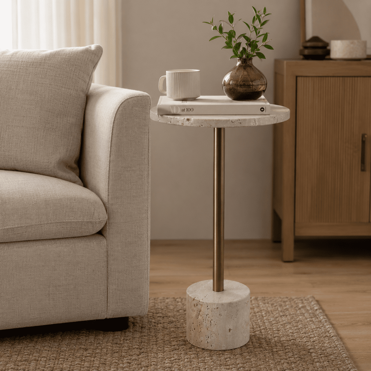 Travertine Accent Table for Home Decor - Modern Side End Table for Living Room - Decorative Drink Table for Bedroom and Office Spaces - 26", Gold