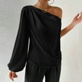 thumbnail image 2 of Olyvenn Women's Asymmetrical Neck Long Lantern Sleeve Ruched Blouse Work Office Top One Shoulder Hollowed Blouse Black 6, 2 of 7