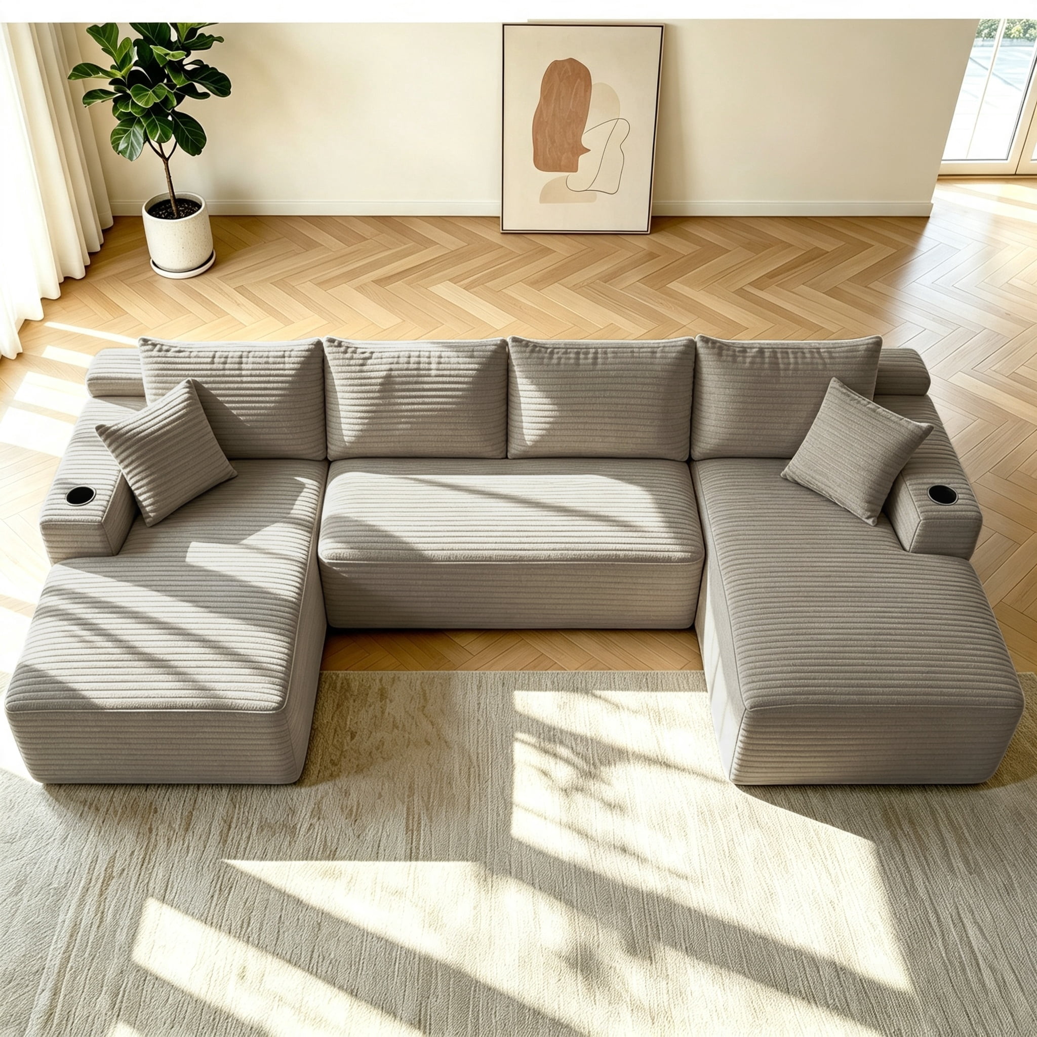 ShiKeyi 134" Modular U-Shaped Cloud Sofa, 5 Seater Corduroy Sectional Couch with Deep Seats Double Chaise & Soft Boneless Design, Camel