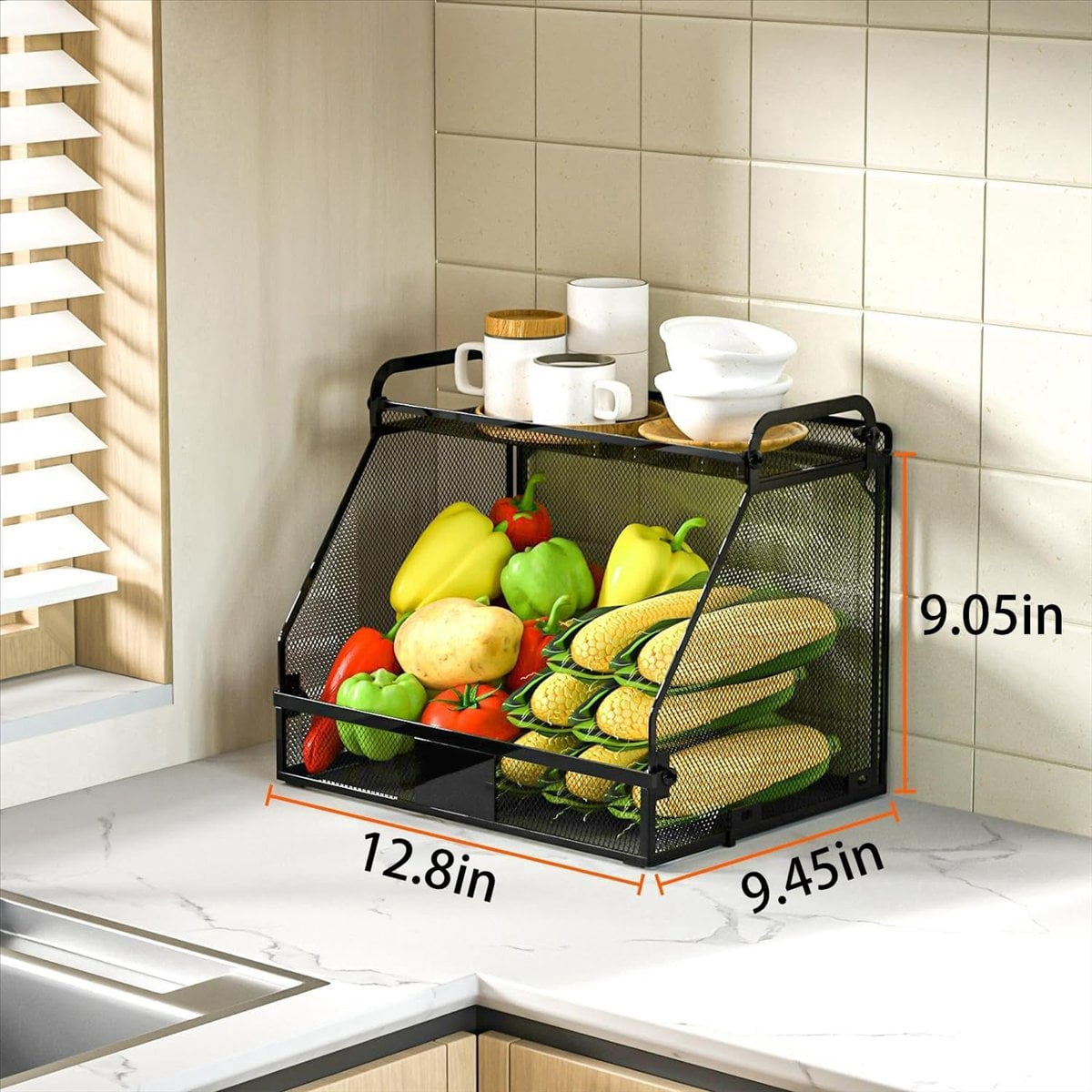 Hanging Fruit Basket for Kitchen, Kitchen Organizers and Storage Potato Onion Wall Baskets Pantry Black