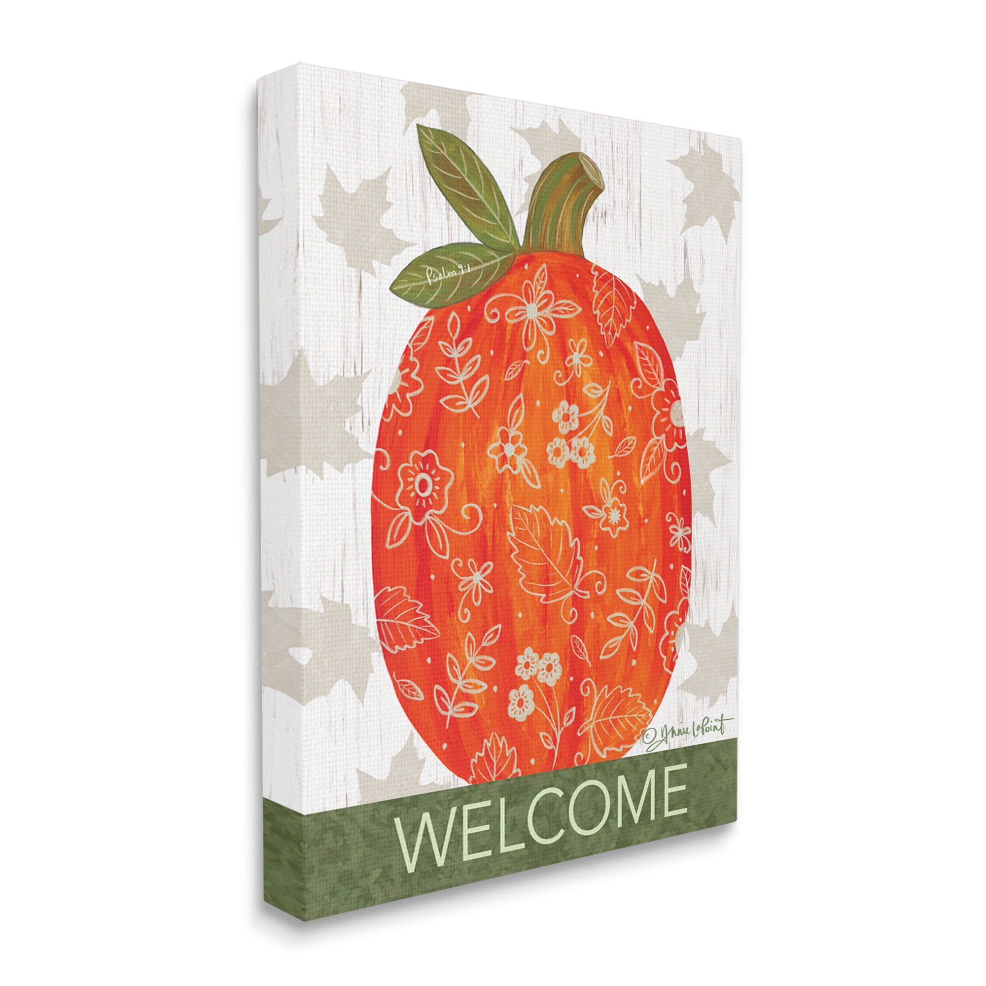 Stupell Industries Patterned Autumn Botanicals Pumpkin Welcome Sign Graphic Art Gallery Wrapped Canvas Print Wall Art, Design by Annie LaPoint