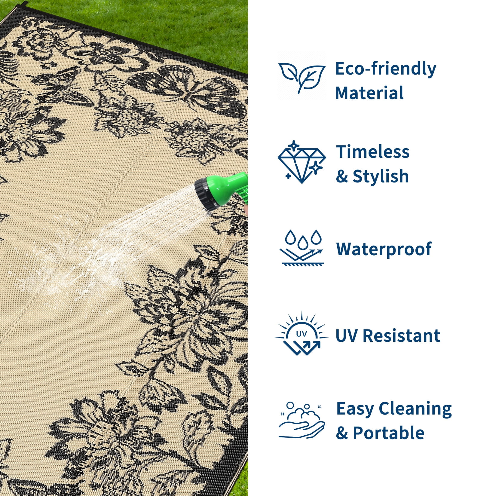 HIWEAVER Black/Brown 8'x 10' Outdoor Rug PP Plastic Straw Woven Waterproof Patio Rug with Floral Border Portable Outside Carpet for Balcony Deck Picnic Garden Decor