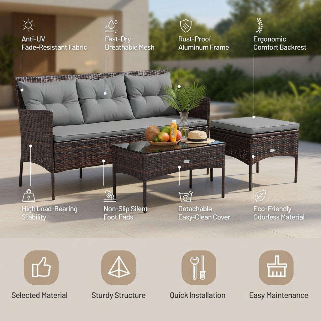Hommoo 3-Piece Modern Outdoor Patio Sectional Set with Steel Frame, All-Weather Rattan Sofa, Ottoman & Tempered Glass Coffee Table, Includes 5 Cushions, Gray