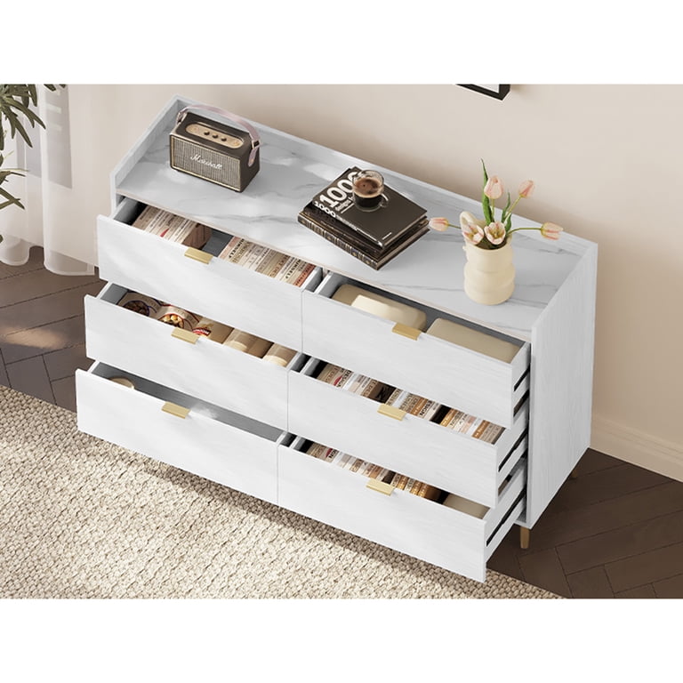 Spaco Drawer Dresser with Metal Legs, White MDF, 6 Storage Compartments for  Everyday Needs
