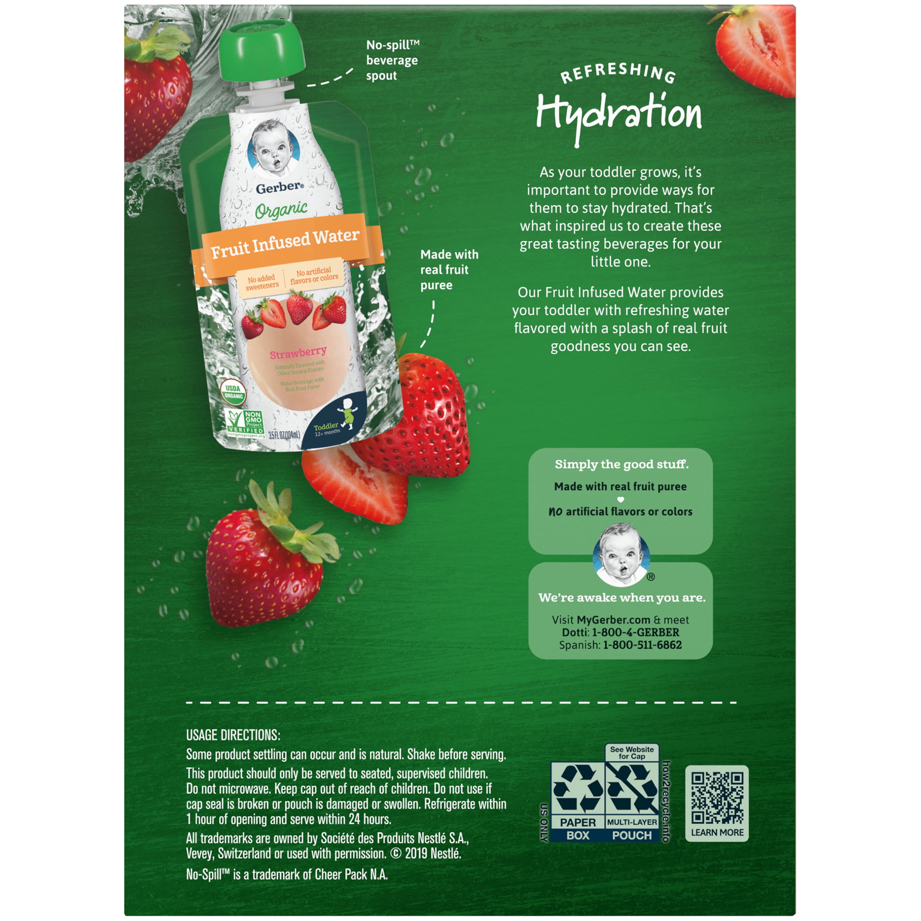 Gerber Graduates Organic Fruit Infused Water Hydration, Strawberry, 3.5 fl oz Pouch (16 Pack)