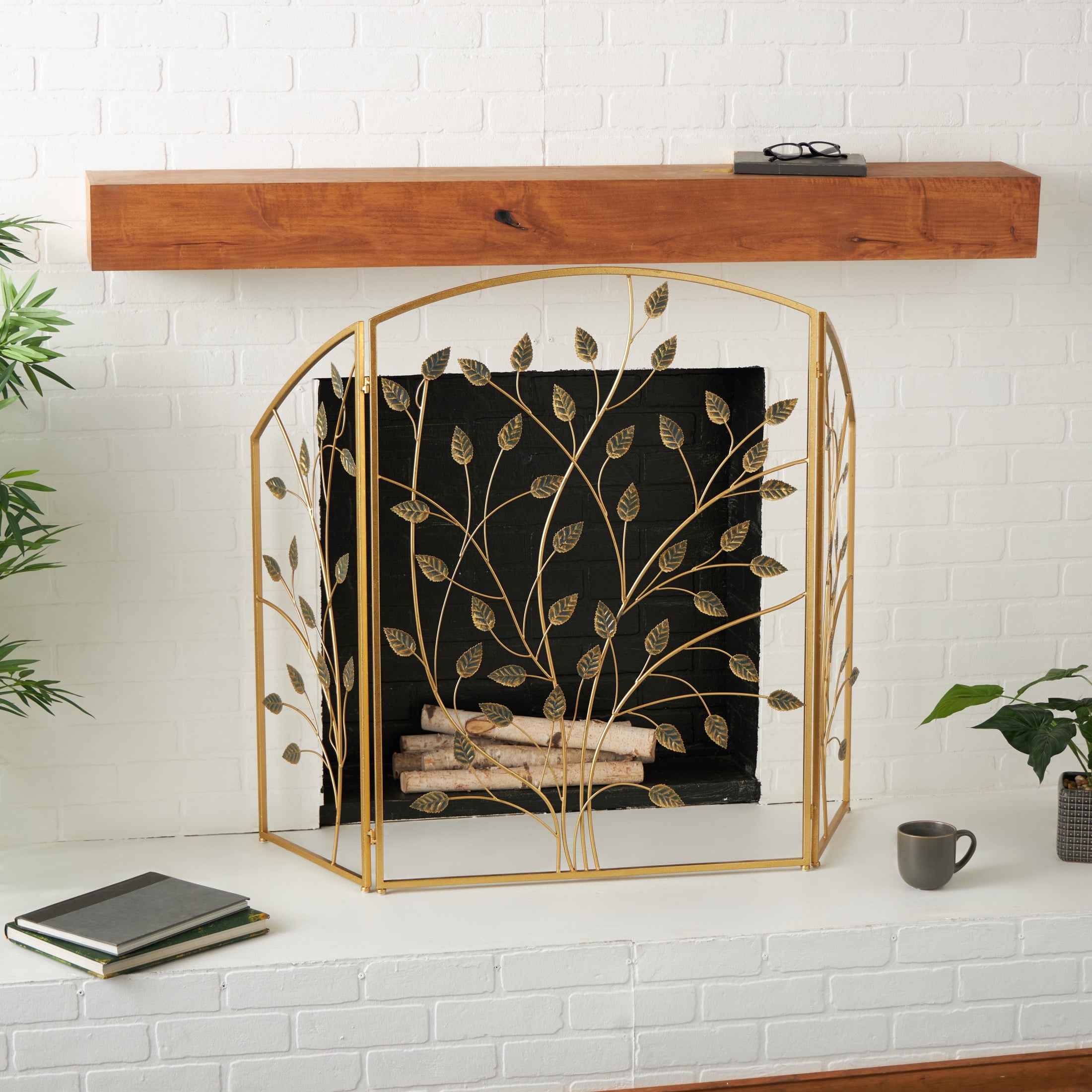 DecMode 29" x 38" Gold Metal Foldable 3 Panel Leaf Fireplace Screen, 1-Piece