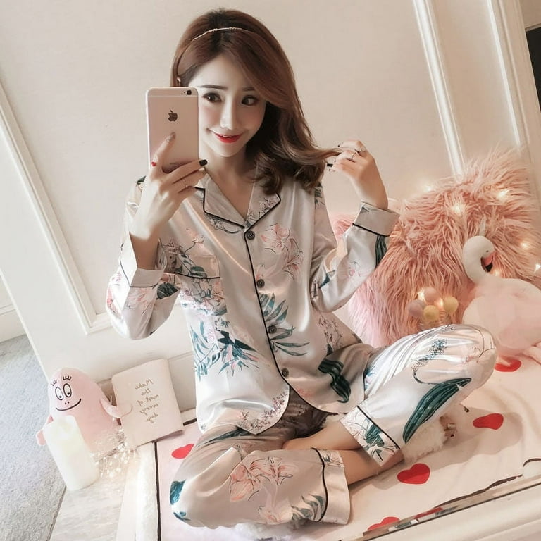 DanceeMangoo Hot Sale Long Sleeve Silk Pajamas Soft Women Autumn