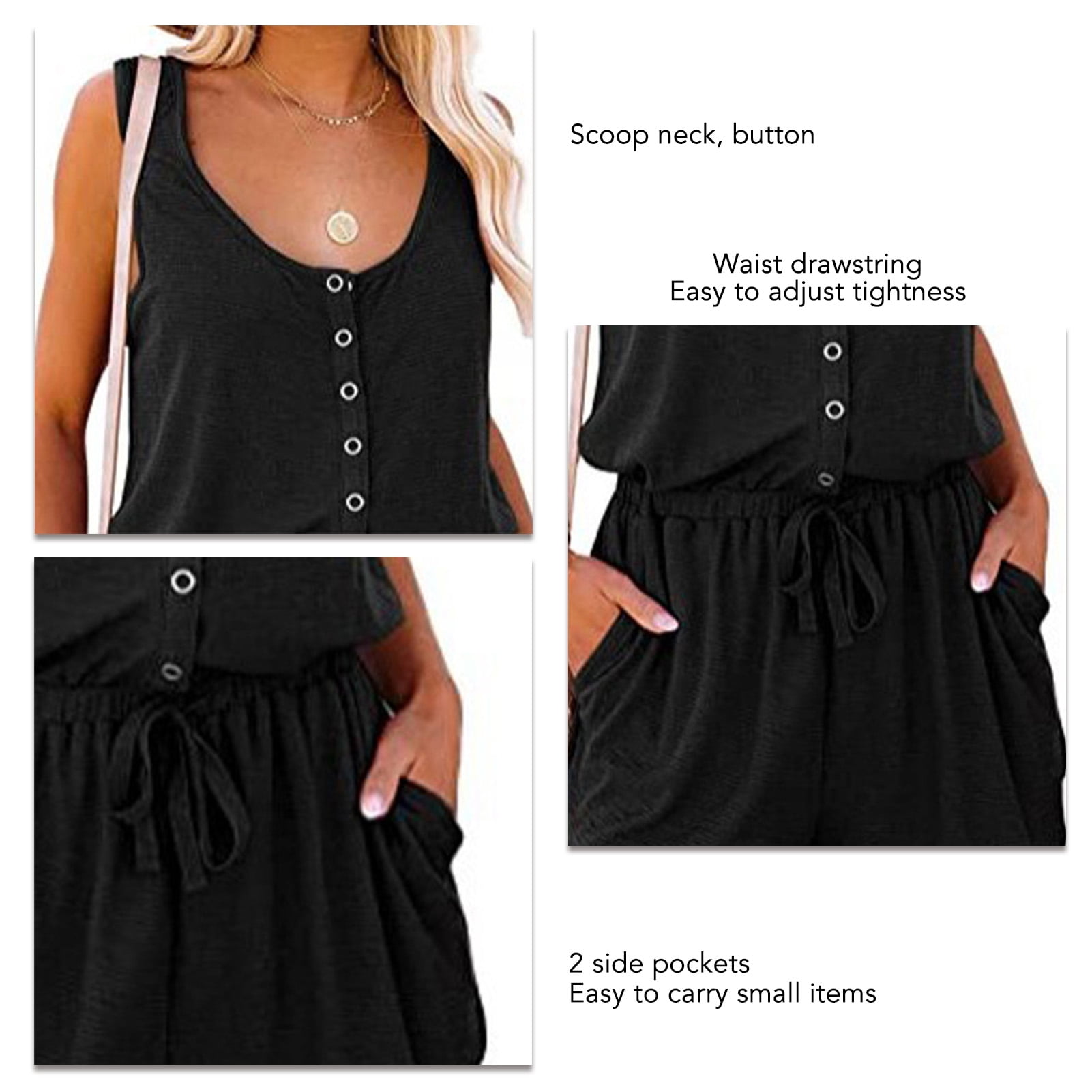 Button Down Romper Pure Color Stylish Tank Top Romper Elegant Pocket Waist Tie Casual For Women For Outdoor Activity Black M
