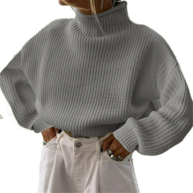 PENGXIANG Femmes Pulls Col Rond Épaule Longue Manches Solides Couleur en Vrac Pull Tricot Pulls Gris M