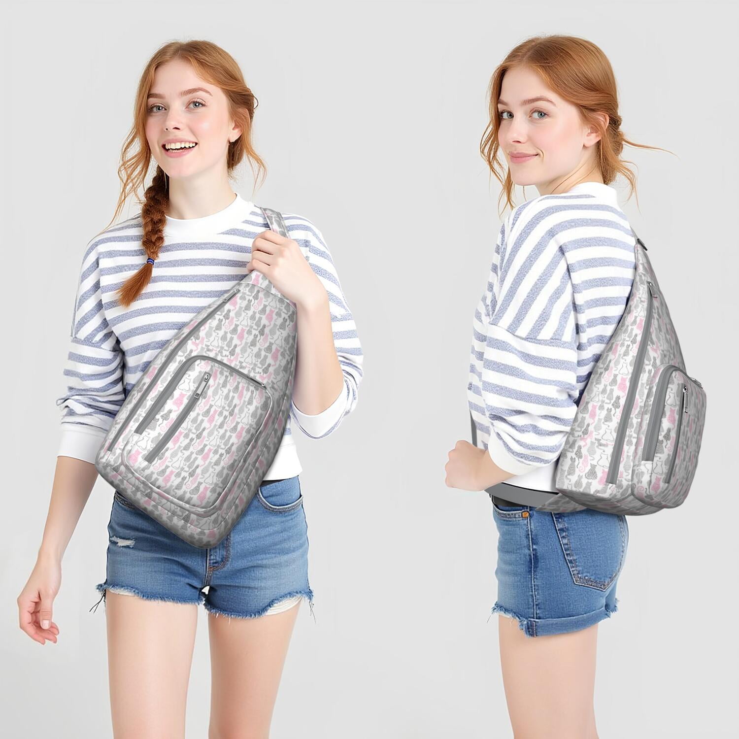 Floral Cat Shoulder Bag - Hand-drawn Cat Graphic Sling Backpack (Lightweight & Breathable, Organized Storage)
