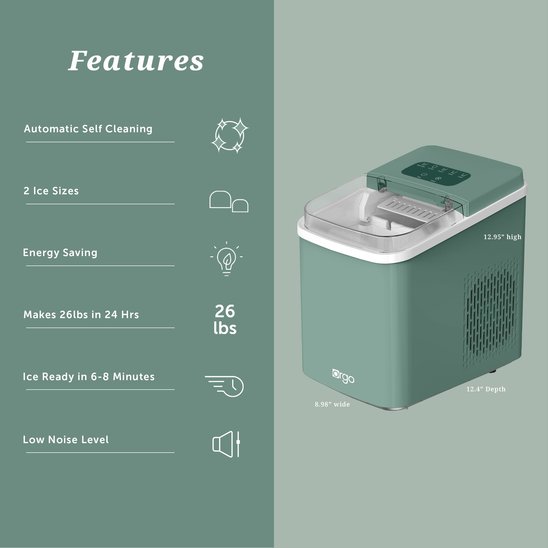 Orgo Products The Sierra 26 lbs in 24 hours Countertop Ice Maker, Sage