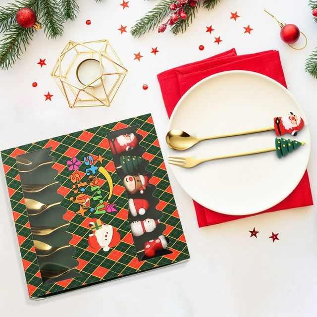 6 Pcs Christmas Stainless Steel Spoons Forks, 7.08 Inch Xmas Tree Santa Star Dessert Spoons Forks Stirring Spoons Coffee Bar Accessories with Red Gift Box for Christmas Dinner Tableware Coffee Tea