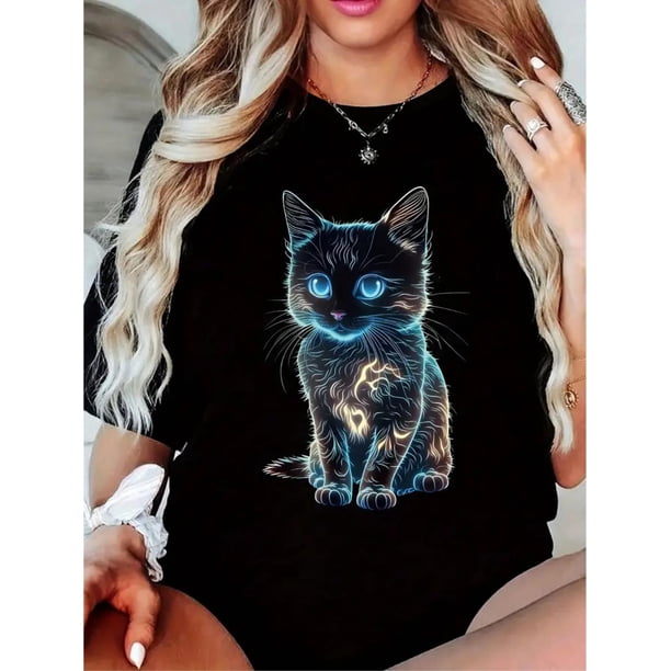 Camiseta de mujer estilo retro con estampado de gato, algodón, manga corta, cuello redondo, estampado geométrico, largo normal, top informal de verano.