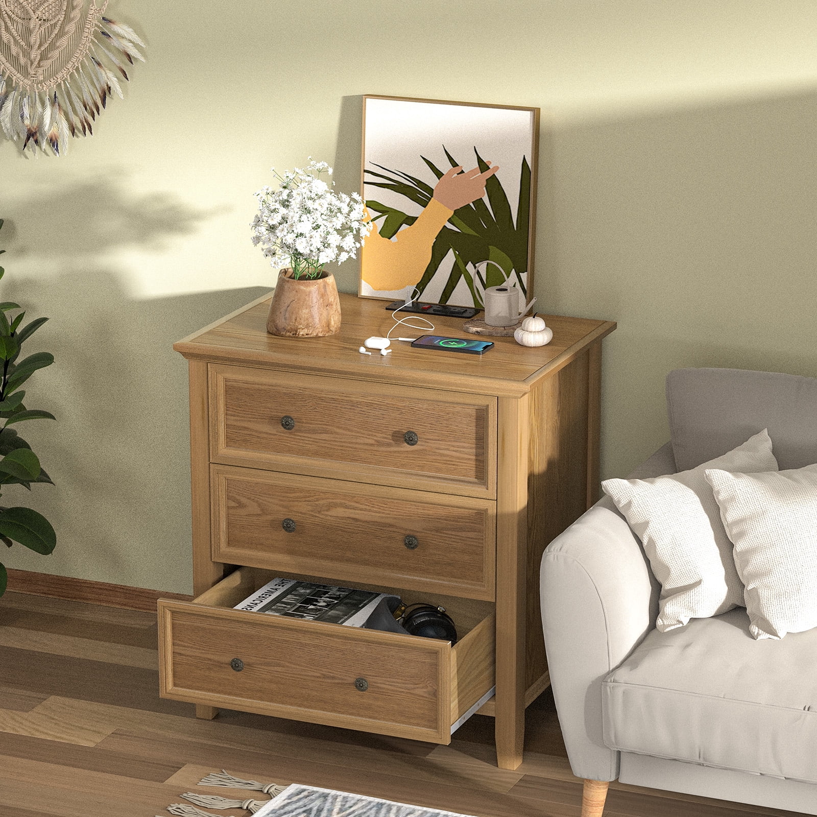 Gacfiew Solid Wood Nightstand with 3 Drawers and Power Outlet, Tall Bedside Cabinet 16.8" D x 27.6" W x 26.8" H, Single Unit for Bedroom, Teak