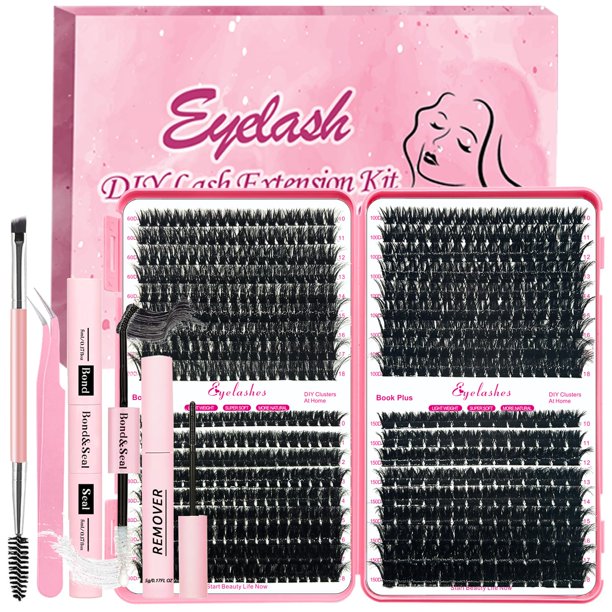 QiveaoryDIY Kit de extensión de pestañas esponjosas, 630 piezas de pestañas gruesas en forma de D, kit de extensión de pestañas con unión de pestañas y cepillo removedor de pestañas (0.394-0.709 in, 6