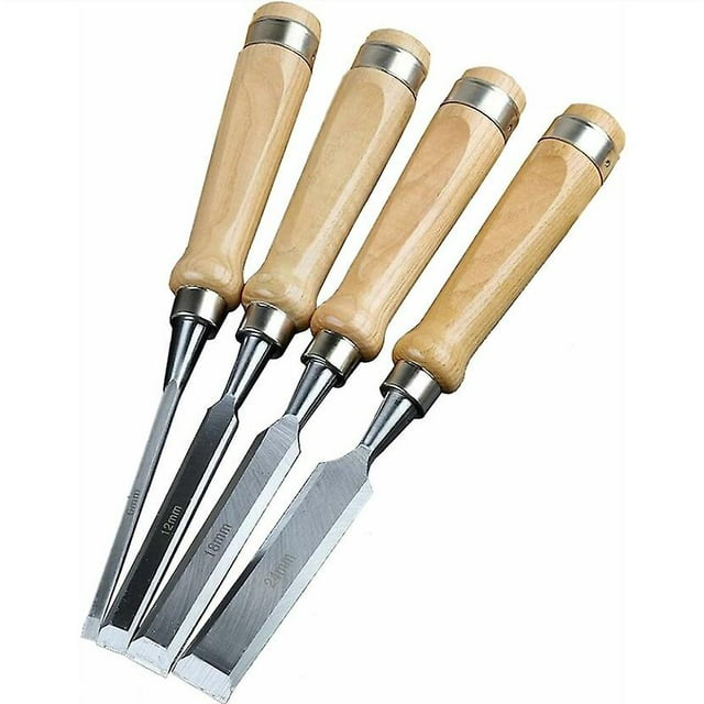 4PCS Carved Wood Hand Chisel Set, Flat Chisel with Wooden Handle, Wood Carving Tools, Silver