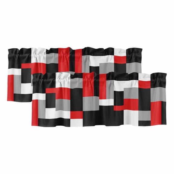 Red Black Grey Geometric Valances for Windows, Modern Abstract Art Luxury Light Filtering Kitchen Curtains, Rod Pocket Window Valance Curtains for Living Room Bedroom, 42" W x 18" L, 2 Panels