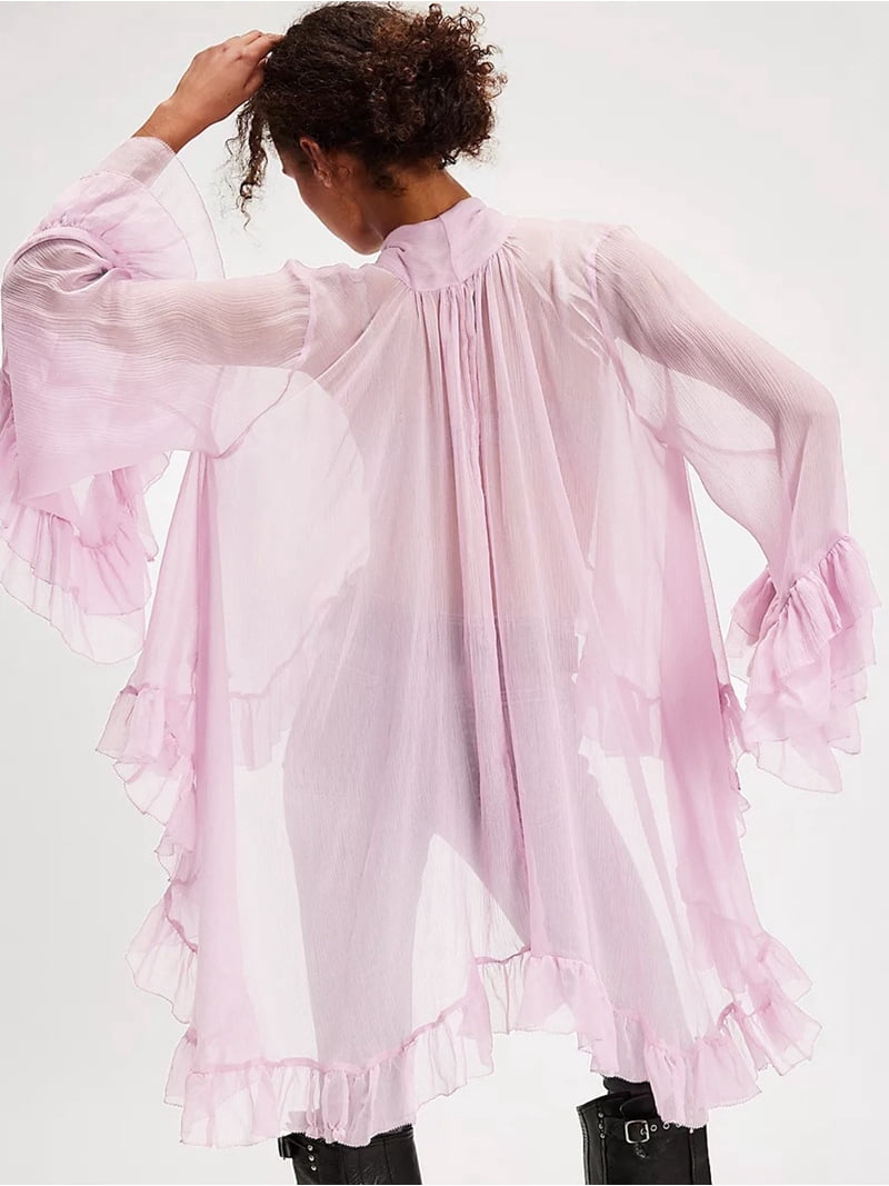 Women Long Bell Sleeve Frill Top See Through Sheer Mesh Blouse