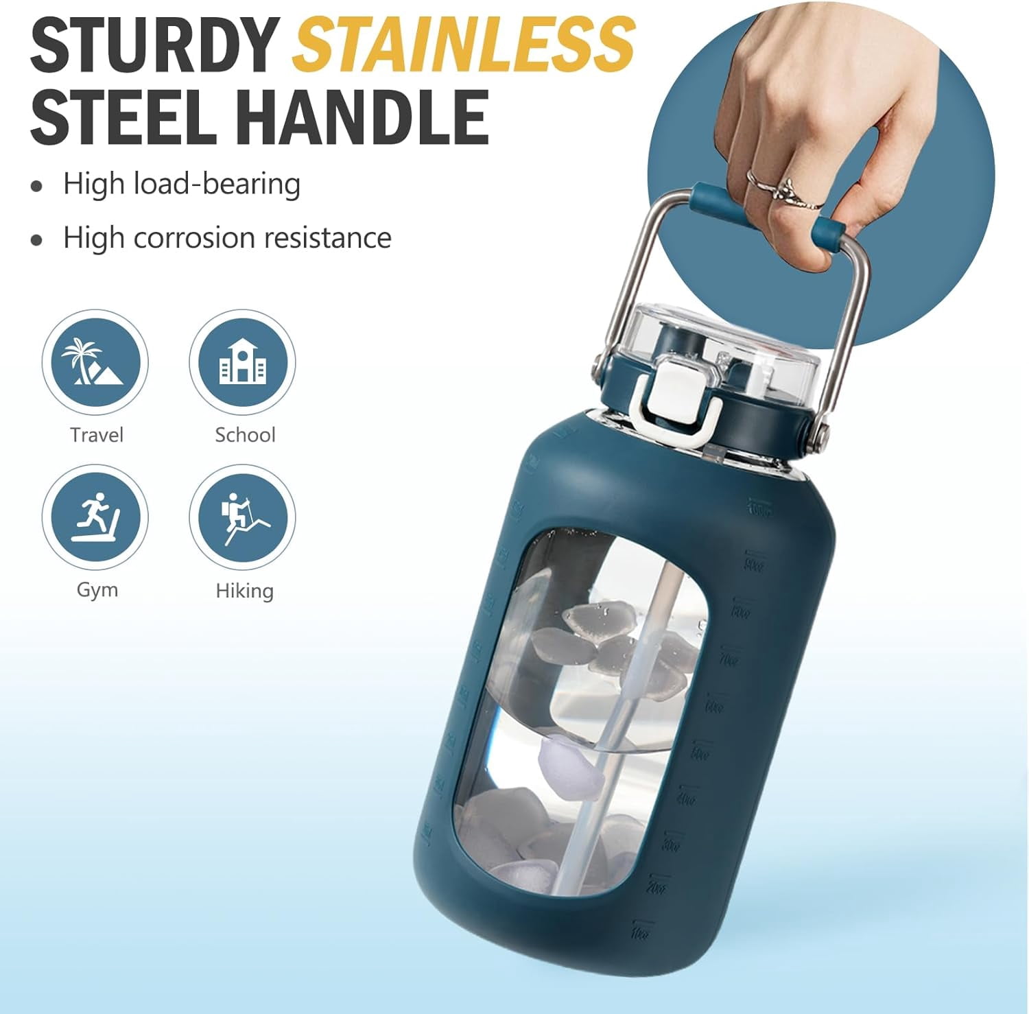 84oz Water Bottle Glass with Stainless Steel Handle Large 2.5l Water Bottle with Time Markers and Silicone Sleeve Half Gallon Water Jug BPA Free for Gym Daily Use