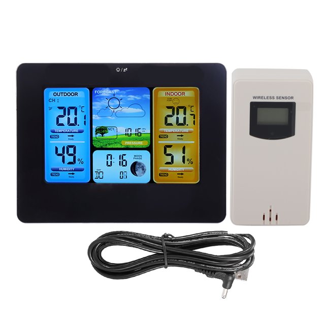 Home Weather Station, Wireless Weather Station LCD Digital Wireless Weather Station Clock Thermometer Indoor&Outdoor Humidity(Black)