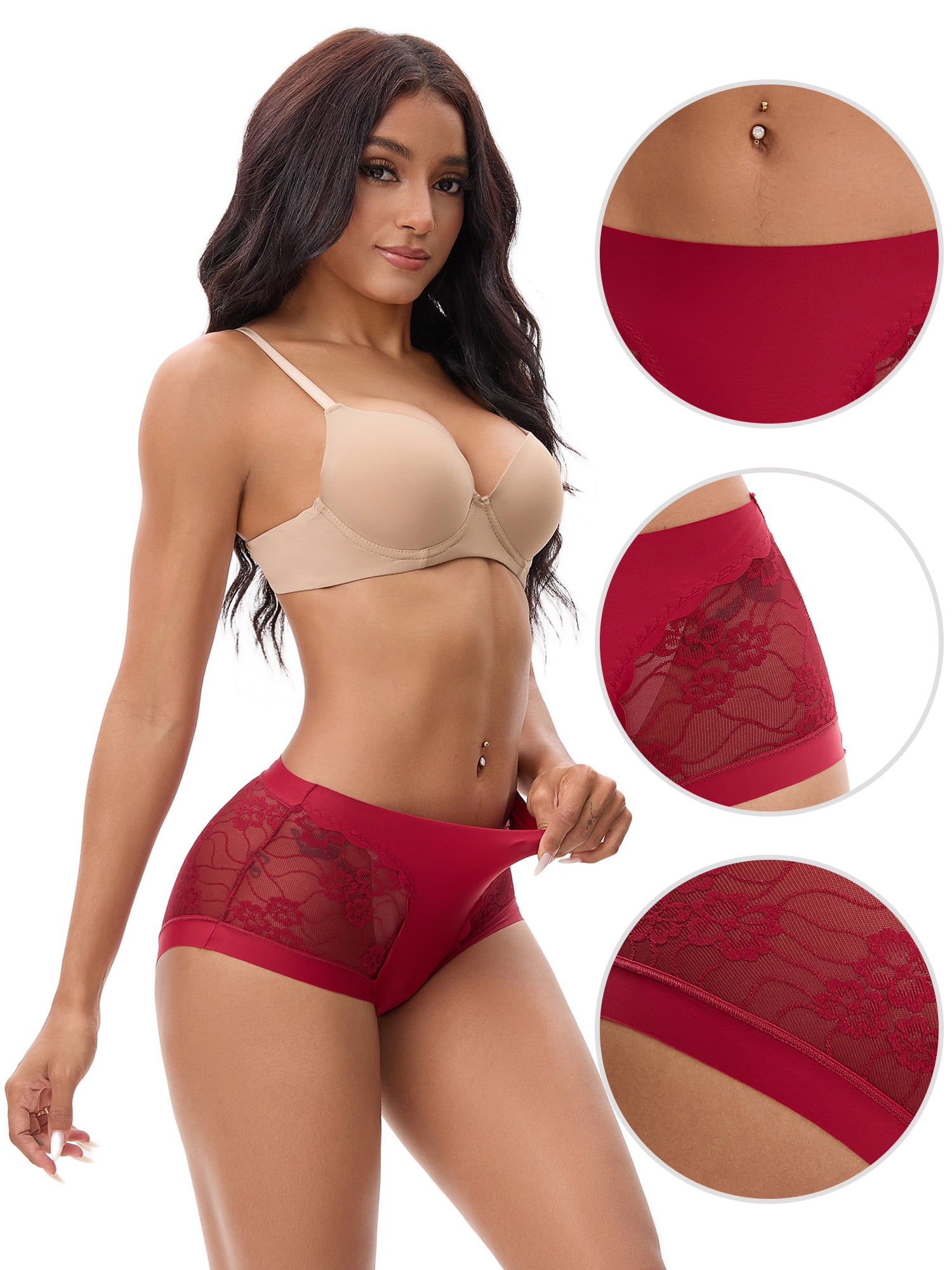 Unique Bargains High Wasited Lace Full Coverage Panties 2XL Red