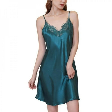 

Wisremt Women Thin Summer Sexy Satin Silk Sexy Pajamas Ladies Lace Suspender Nightdress Green L