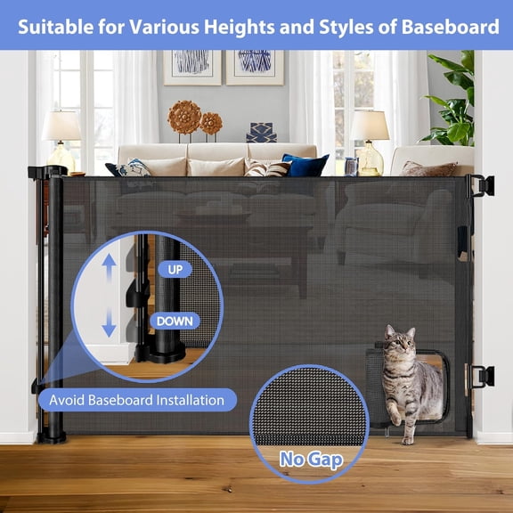 55" Wide Retractable Dog Gate with Pet Door – Limited Time Deal – Outdoor & Indoor Mesh Gate for Dogs & Cats, Fits Doorways Easily