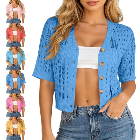Sewkxo Women Summer Crochet Puff Short Sleeve Cardigan Lightweight Spring Cropped Button Up Beach Knit Sweater Tops,Blue XL
