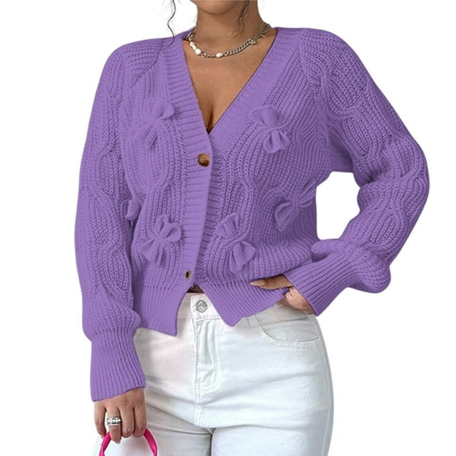 Cárdigan de Punto Grueso con Lazo para Mujer, Abierto Al Frente, , de Larga, con Botones, para Invierno. Púrpura S