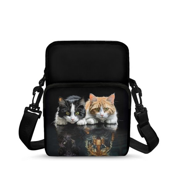 FUIALDOLG Two Cats Reflection Cross Body Bags, 2 Zippers Crossbody Purse for Daily, Stretch Polyester with Back Zipper Pocket Handbag