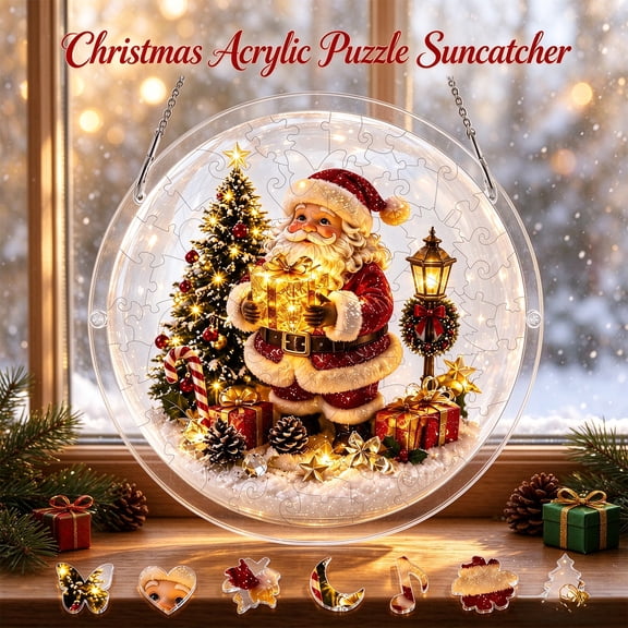 Aoznliie Acrylic Puzzle Suncatcher, Christmas Stained Glass Style Puzzle Suncatcher Pendant, DIY Sun Catcher for Window, Christmas Ornament Decor
