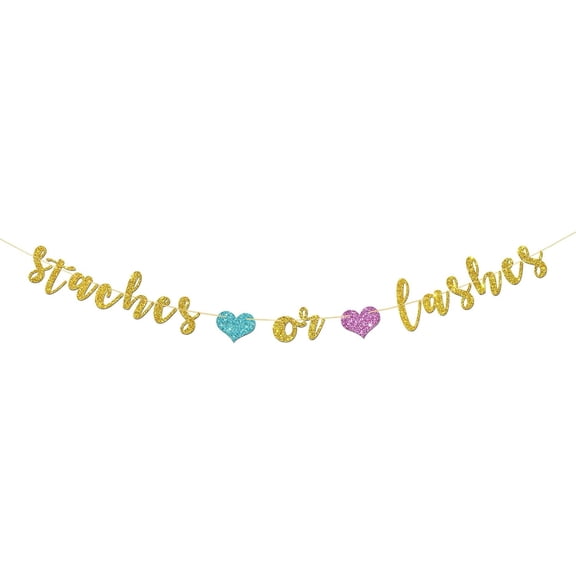 Staches or Lashes Banner - Gender Reveal Garland Supplies - He or She Sign Boy or Girl Party Decorations - Gold Glitter