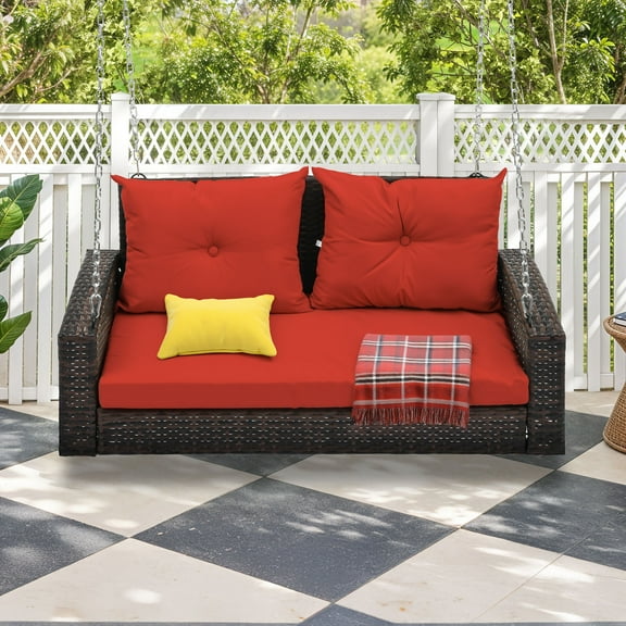 Uforic Outdoor Brown Rattan Patio Swing Lounge, Wicker Hanging Chair with Two Cushions, 770lbs Load Capacity, Ideal for Garden, Balcony, and Living Room, Red