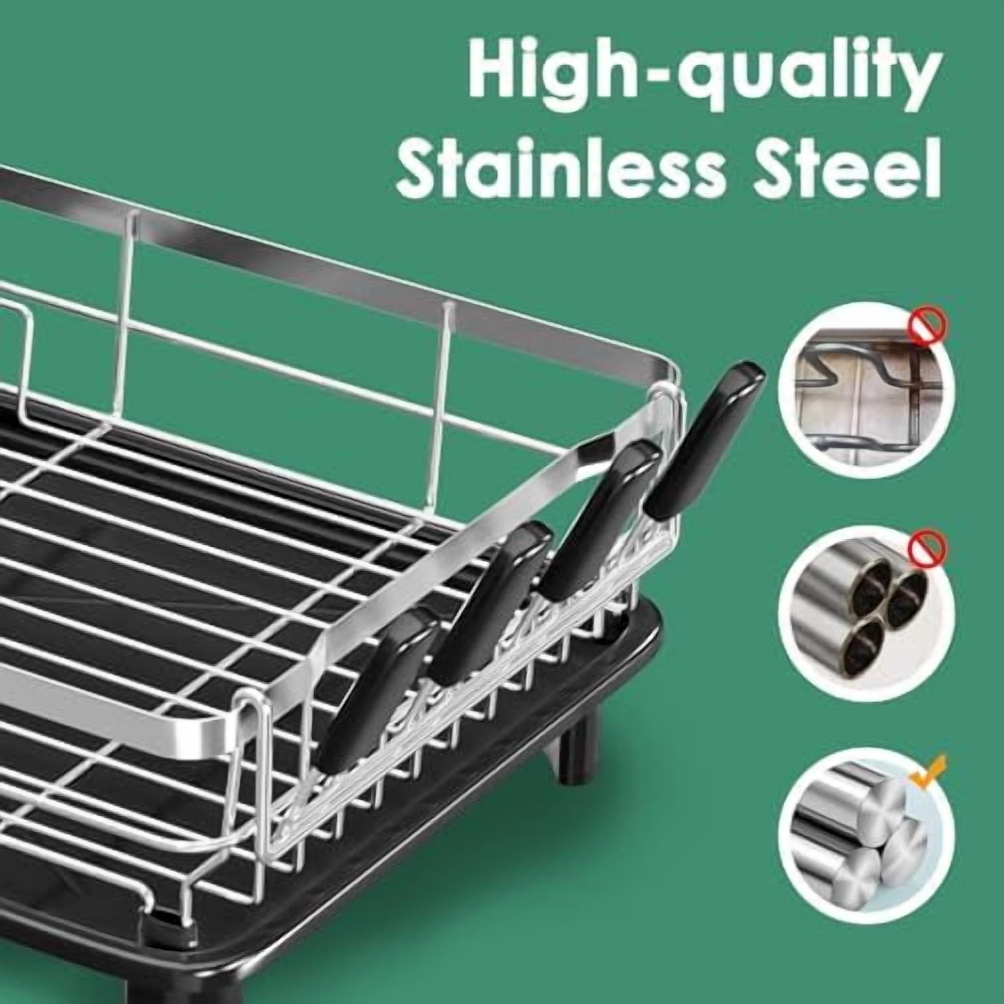 Dish Drying Rack, Dish Rack, Stainless Steel Dish Racks for Kitchen Counter, Dish Drainer with Removable Utensil Holder, Drainboard (Black,Stainless Steel,13''W x 17''L)