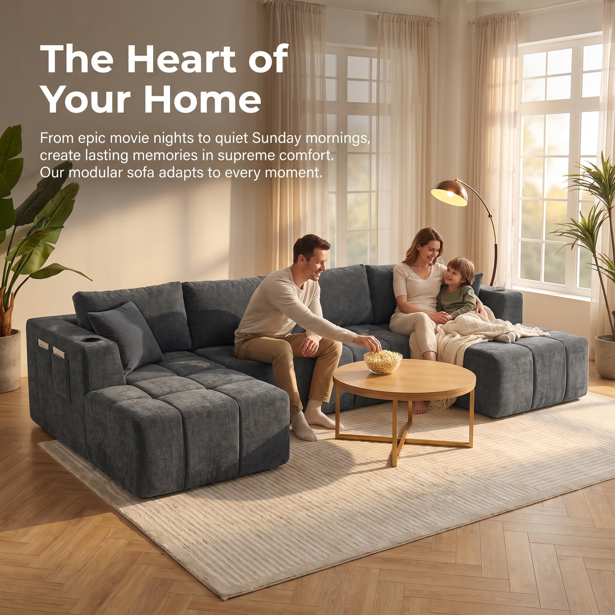 ShiKeyi 132.5" Modern U-Shaped Modular Sectional Sofa with Double Chaise, Premium Chenille Fabric Cloud Couch Set with Cup Holders & Storage Pockets for Living Room, Dark Gray
