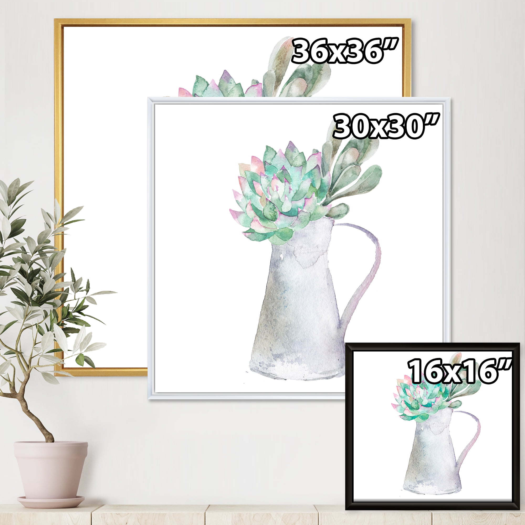 Designart 'Succulent Home Plant In Jug' Traditional Framed Canvas Wall Art Print