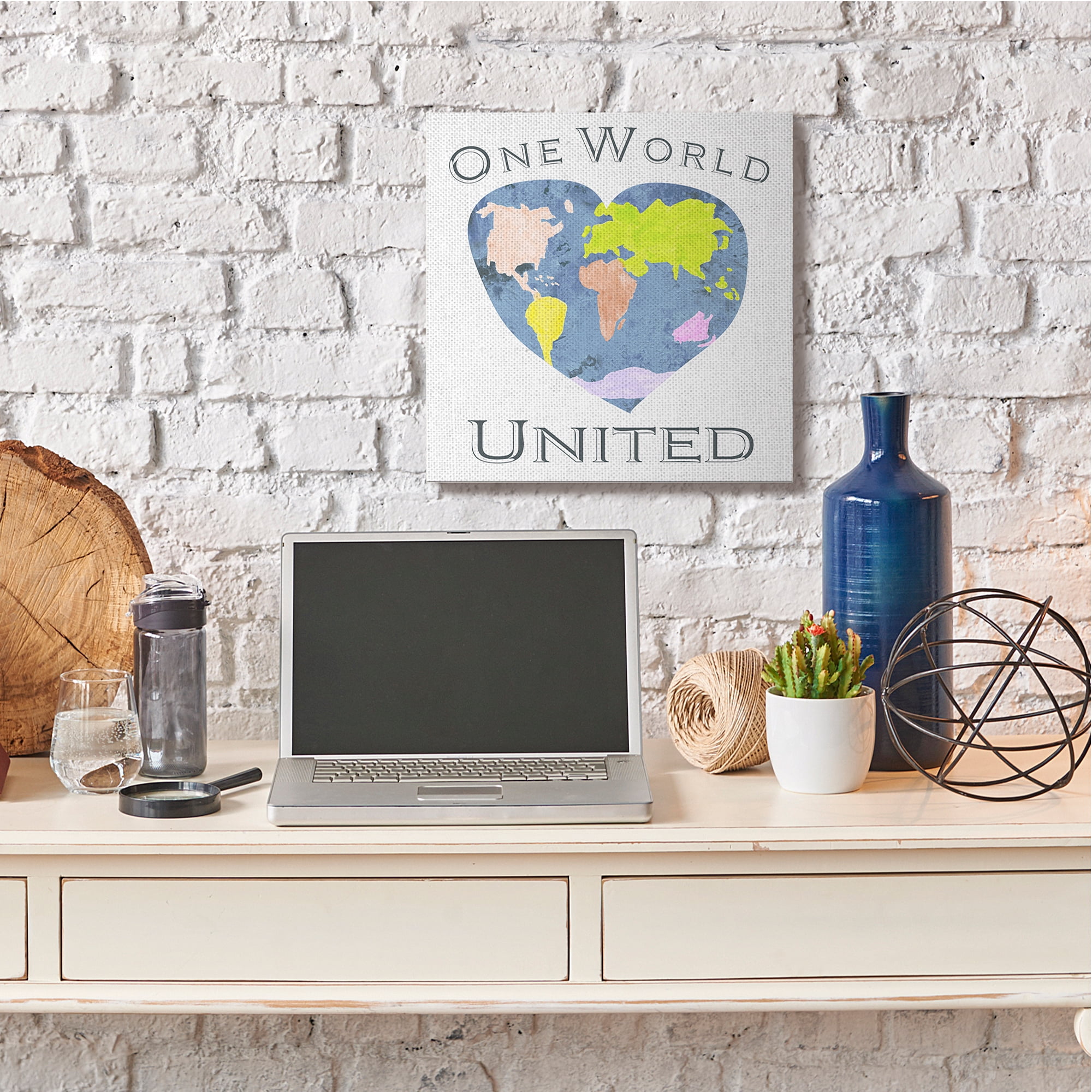 Stupell Industries One World United Phrase Abstract Heart Shaped Globe Art for Kids Painting Gallery Wrapped Canvas Art Print Wall Art, 24 x 24