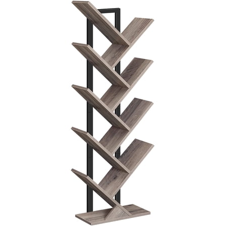 Tree Bookshelf 9-Tier Bookcase Wooden Shelves Floor Standing Storage Rack for Display of CDs Books in Living Room Home Office Wood Storage Rack for Bedroom Rustic Brown