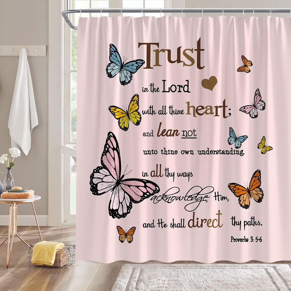Inspirational Quote Trust in The Lord Shower Curtain Butterfly Motivational Words Romantic Modern Bathroom Decor Fabric Curtain with Hooks