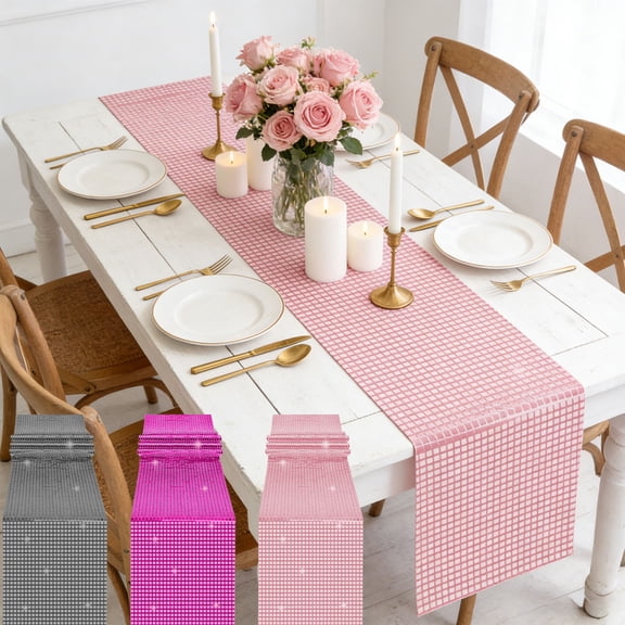 Pink Glitter Sequin Table Runner 12 x 70 Inch, Sparkly Nightclub Party Decor for Bachelorette, 70s Theme, Weddings and Dining Table