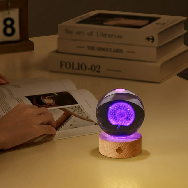 Lámpara de luz nocturna de cristal | Base de madera tallada de cuatro hojas, acento decorativo luminoso, 6x8cm | Regalo para el hogar, elegante pantalla de escritorio, decoración navideña original
