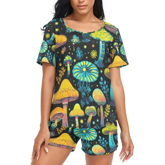 joogoo Women's Pajama Set Bohomia Magic Mushroom Short Sleepwear Loungewear with Pockets M