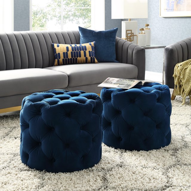 Inspired Home Ottoman en Velours Sablé Rond Moderne Contemporain 1 Pce, Marine
