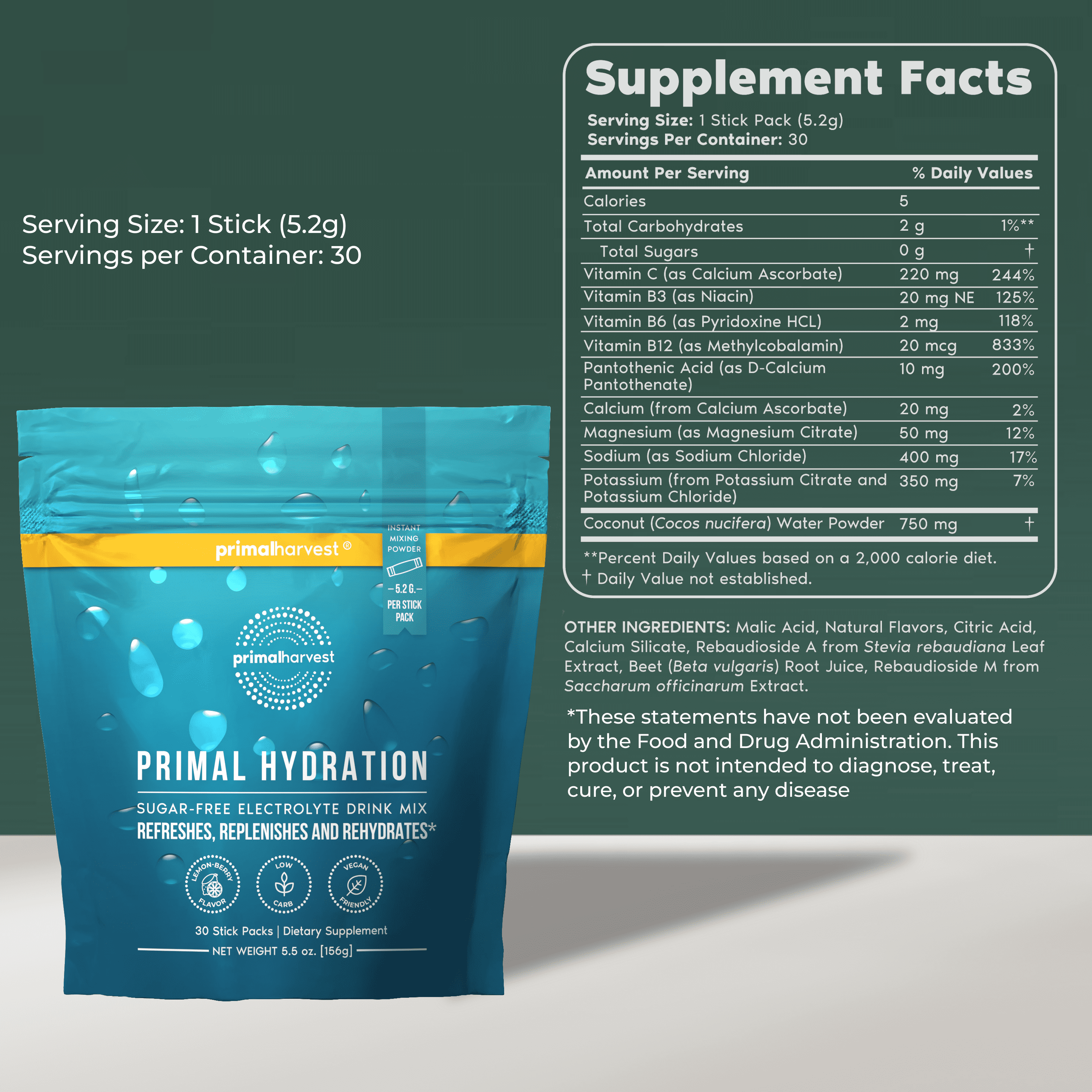 Primal Harvest Hydration Drink Packets, 1 Pack: Zero Sugar Lemon Berry Flavor