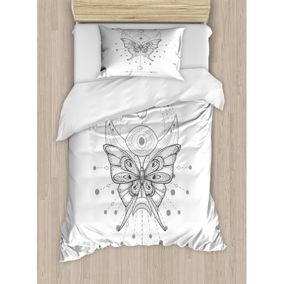 Alchemy Duvet Cover Set Twin Size, Vintage Engraved Style Butterfly with Arrow Eye and Geometrical Shapes Muted Tones, Decorative 2 Piece Bedding Set with 1 Pillow Sham, Grey White, by Ambesonne