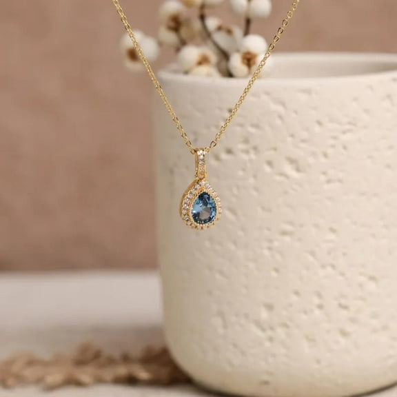 Pear Cut Blue Topaz & Diamond Pendant Necklace in 14K Yellow Gold Vermeil – Dainty December Birthstone Necklace for Women
